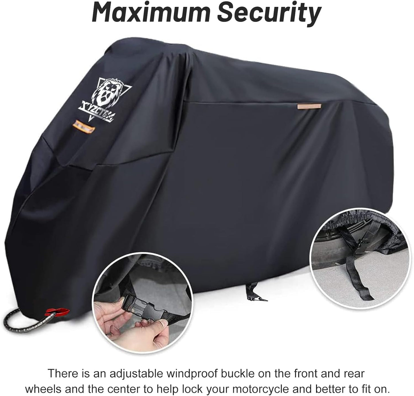XYZCTEM Motorcycle Cover -Waterproof Outdoor Storage Bag, Made of Oxford Material Fits up to 87 inch, Compatible with Harley Davison and All Motors (Black& Lockholes& Professional Windproof Strap)