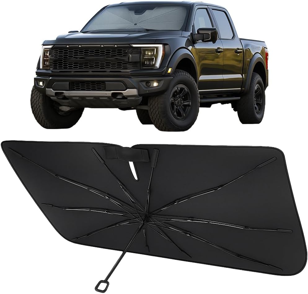 Proadsy Windshield Sun Shade Umbrella for Ford Ranger 2019-2025 2026 Foldable Car Umbrella Sunshade with Soft TPU Handle Spring Structure Crystal Cooling Material Protect Car from Rays & Heat