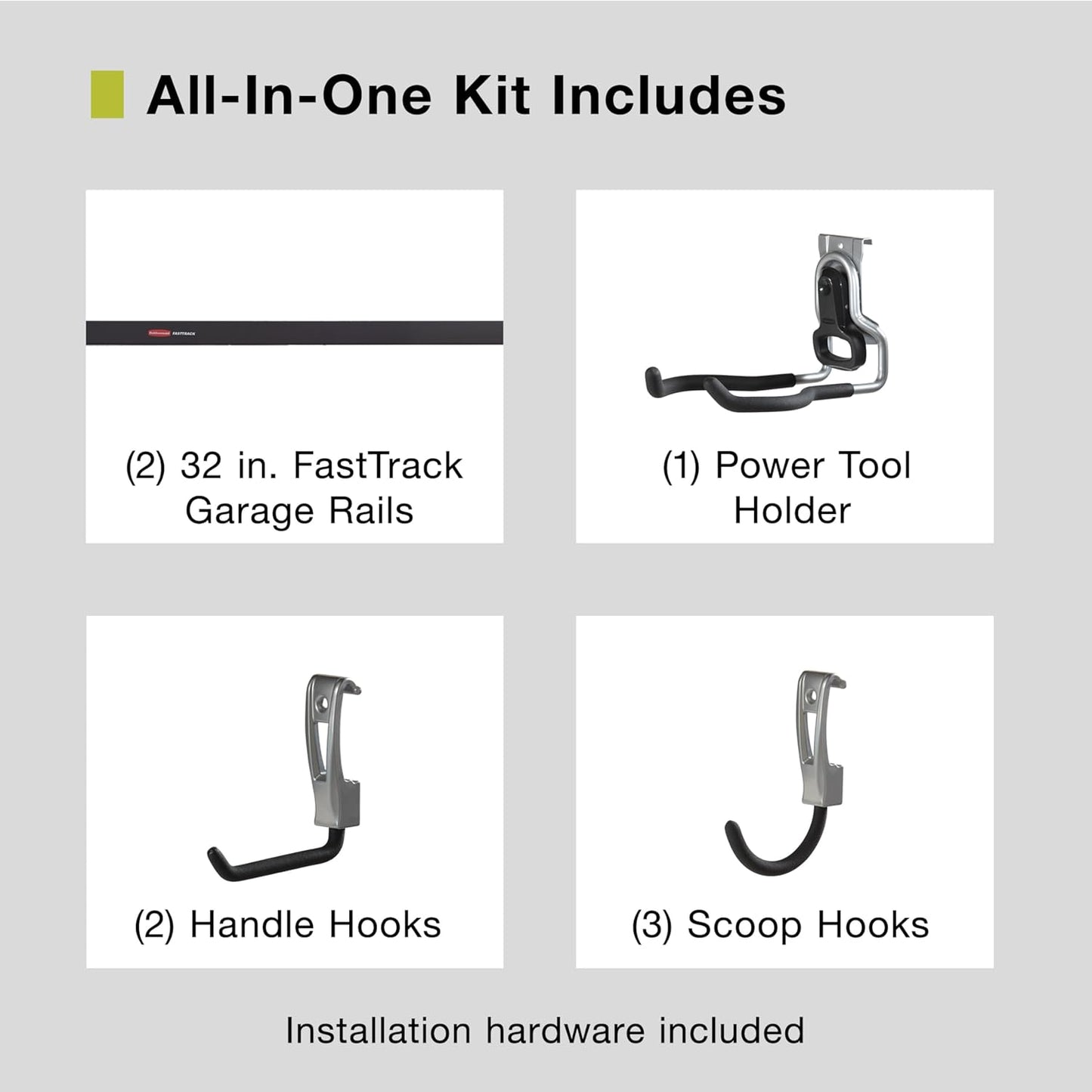 Rubbermaid Garage FastTrack 8-Piece Small Kit Black/Grey All-in-One Rail & Hook Wall Hanging Kit Wall Mounted Storage Solution for Home/Garage
