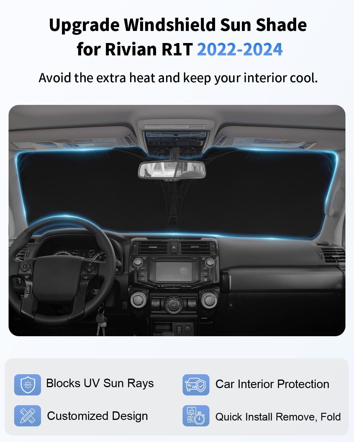 Sunshade for Rivian R1T Windshield Sun Shade Custom Fit for 2022 2023 2024 2025 Rivian R1T Truck Accessories Windshield Cover, 4-Layer Car Front Window Sun Visor Shield Foldable Protector Block UV Ray
