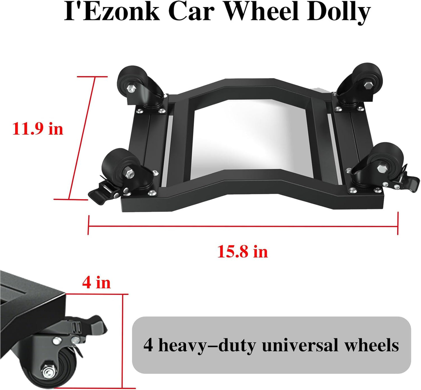 I'EZONK Industrial Stainless Steel Car Dolly Set of 4-6,800lb/3,084kg Capacity | Pro Vehicle Mover w/Locking Brakes | U-Shaped Design for Cars/SUVs/Trucks & Trailers