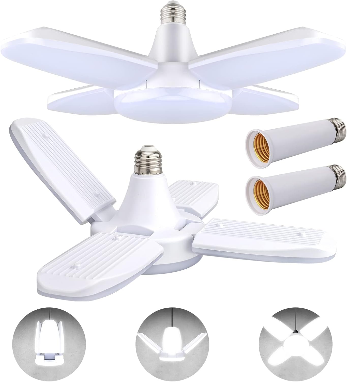 LED Garage Lights 2 Pack, 4 Foot Adjustable Ceiling Light, 6500k 8000LM Deformable E26/E27 Garage Lights for Shop, Basement, Workshop