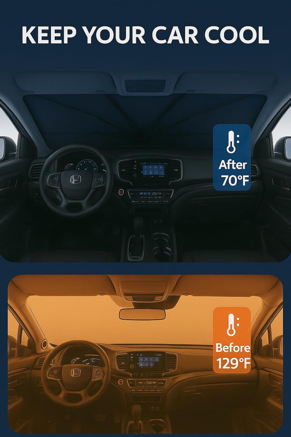 Proadsy Windshield Sun Shade Umbrella for Honda Ridgeline 2017-2025 2026 Foldable Car Umbrella Sunshade with Soft TPU Handle Spring Structure Crystal Cooling Material Protect Car from Rays & Heat