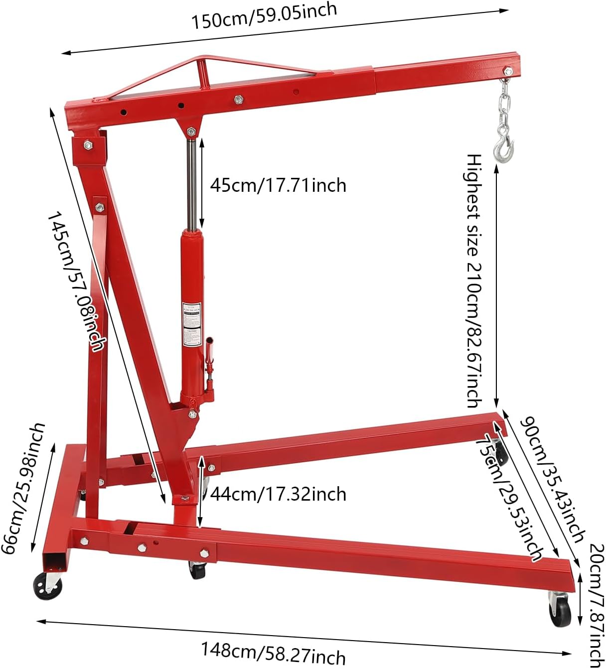 Folding Engine Crane 2 Ton Folding Engine Hoist 4400lbs Crane Hoist Lift with 6 Iron Caster Wheels for Garage, Workshop (Red)