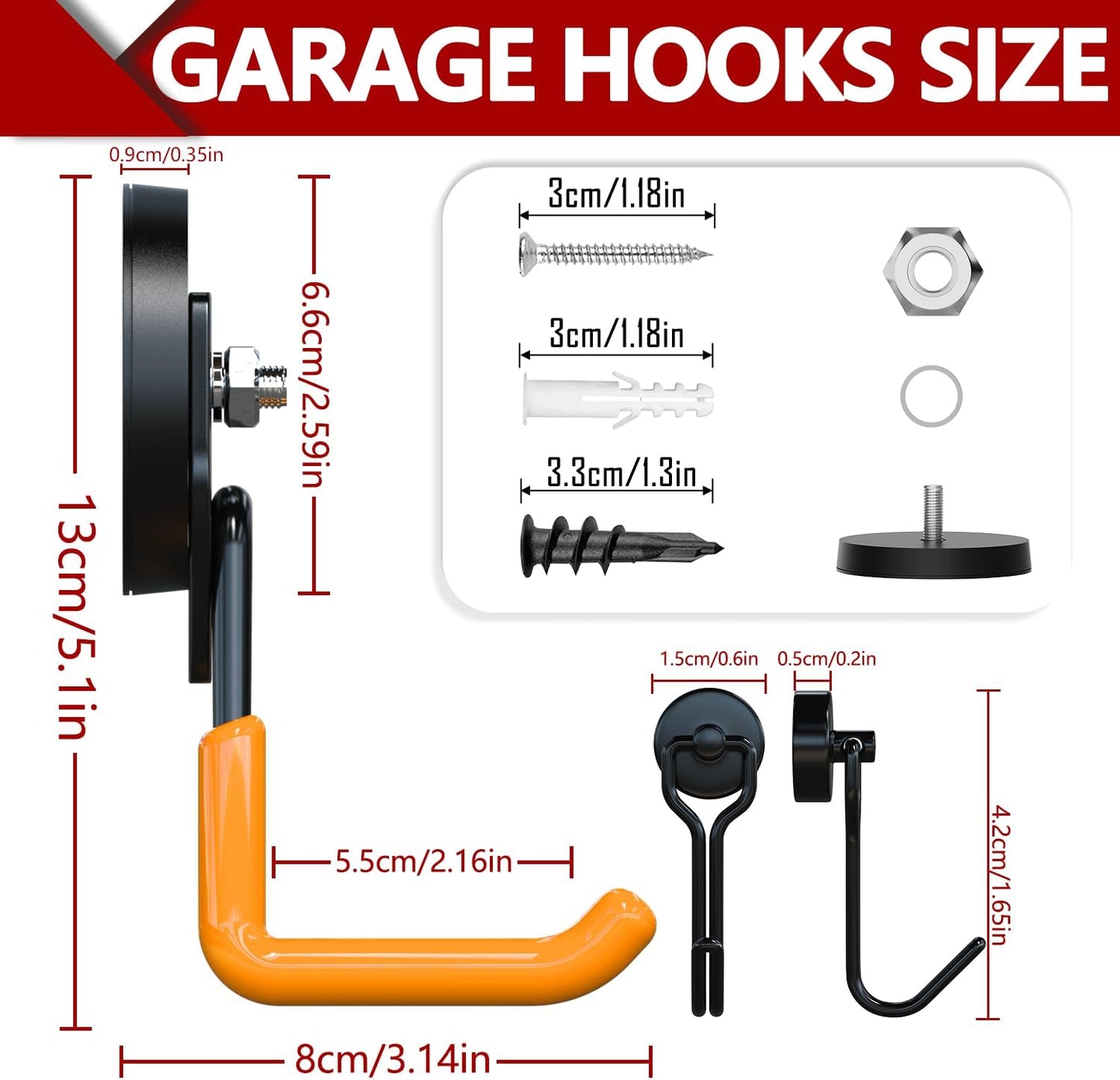 3-H Heavy Duty Magnet Garage Hooks 2 Pack, Large Strong Magnetic Hooks for Hanging Cordless Power Drill, Utility Magnetic Tool Holder for Metal Cabinet, Steel Pegboard, Toolbox, Garage(Orange)