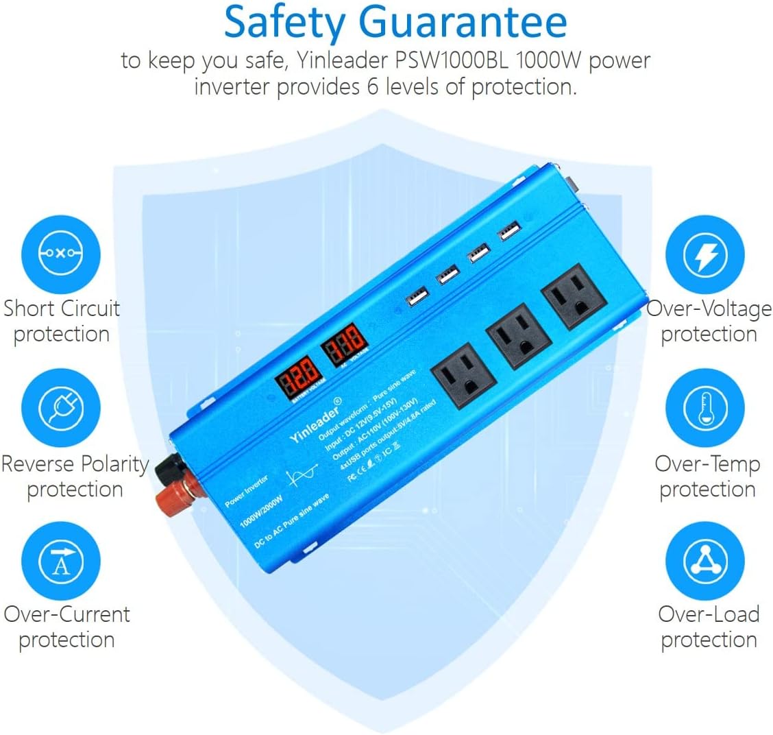 Yinleader 1000 Watt Pure Sine Wave Inverter 12V to 110V DC to AC Car Power Inverter for RV, Road Trip, Camping, Travel, 3 AC Outlets and 4 Built-in 5V/4.8A USB Ports, LCD Display, Blue