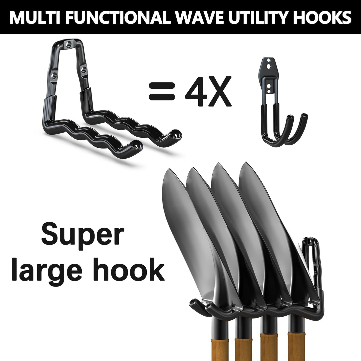 3-H Heavy Duty Garage Hooks 6 Pack, One-Piece Construction Garage Wall Hooks, Garage Hanger & Organizer Wall Mount for Ladders, Bikes, Chairs, WeedEaters, Shovels, Garden Tools (Black)