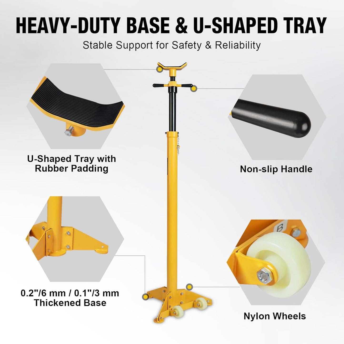 YELLOW JACKET 3/4 Ton Underhoist Support Stand with Two Wheels, Lifting from 43.3" to 70.9", Bearing Mounted Spin Handle, Contoured Saddle, Supports Vehicle Components, Self-Locking Screw