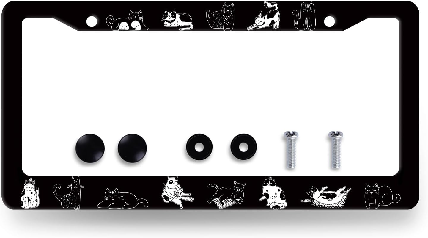Cats License Plate Frame Cute Animal Cat License Plate Holder Stainless Steel Funny Design Compatible with Standard License Plate for USA Canada 12.3" x 6.3" with 2 Screws