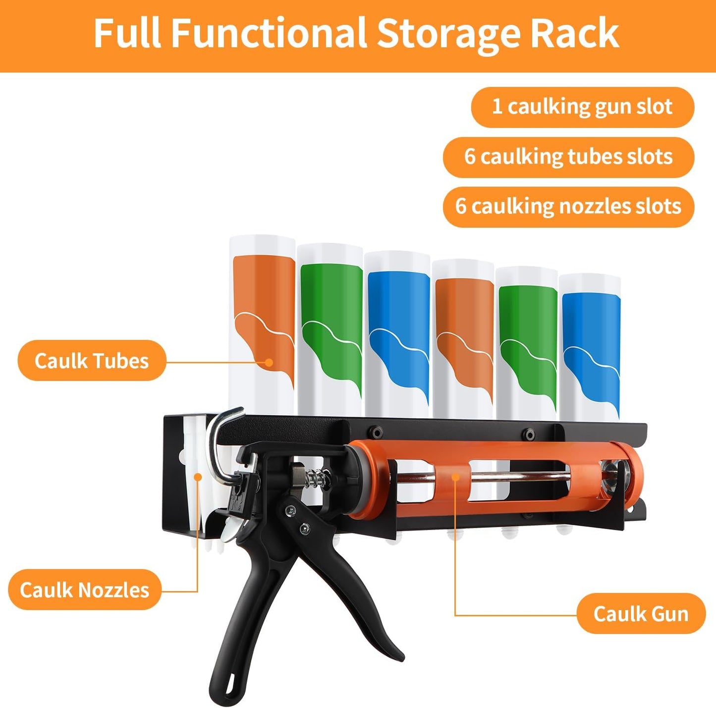 Caulking Gun Holder, Metal Caulk Tube Storage Rack, Wall Mount Caulking Tools Organizer for Garage, Workshop and Work Van