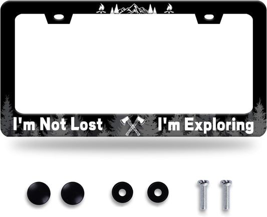 Funny License Plate Frame I'm Not Lost I'm Exploring License Plate Stainless Steel Mountain License Plate Holder Black Car Accessories Decoration With 2 Screws Fits Standard Vehicles Size 12.3" x 6.3"