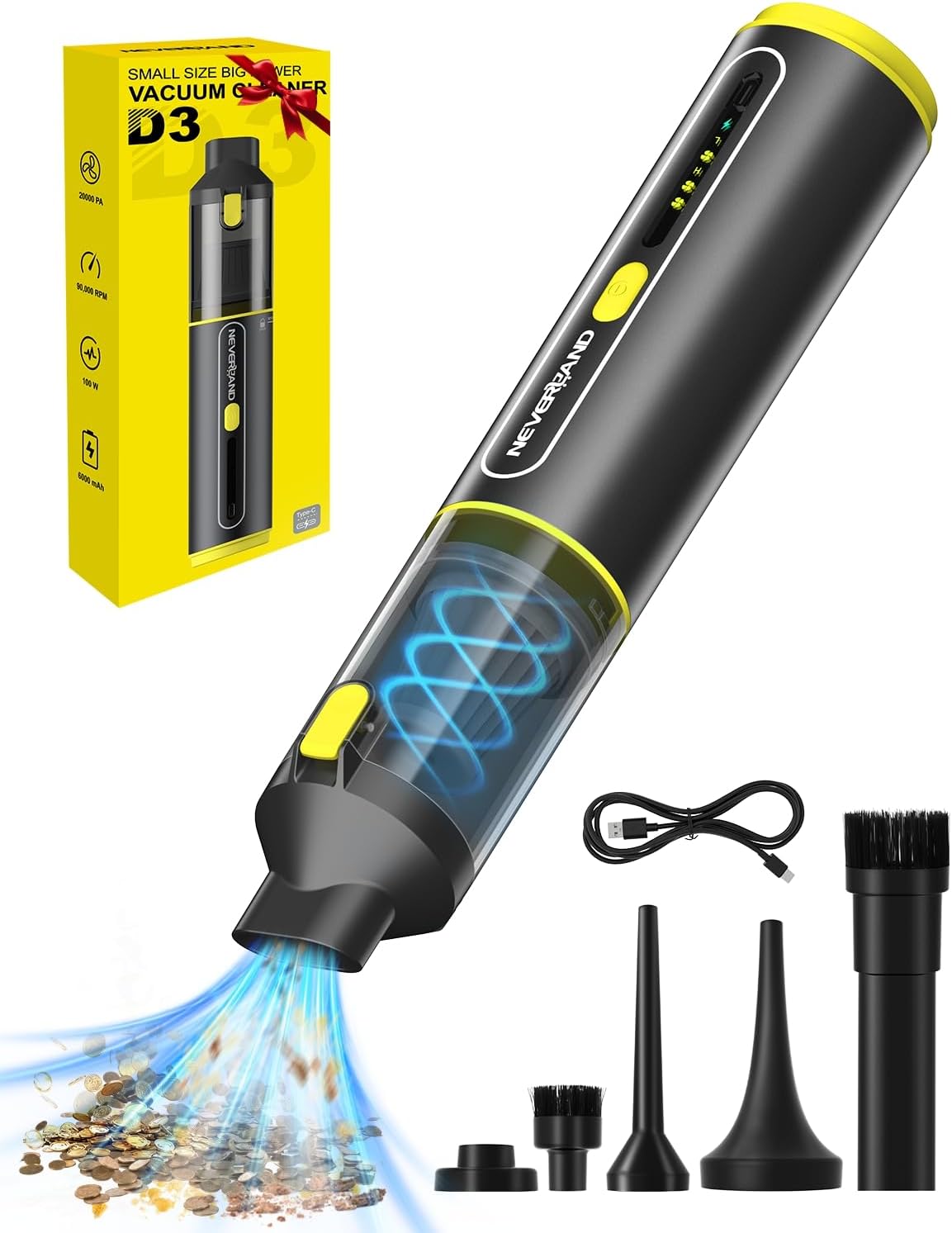 NEVERLAND Car Vacuum Portable Cordless - 20000Pa Powerful Suction Handheld Vacuum Cleaner Blowing & Inflating 4-in-1 Mini Vacuum Cleaner for Car, Office Desk, Keyboards