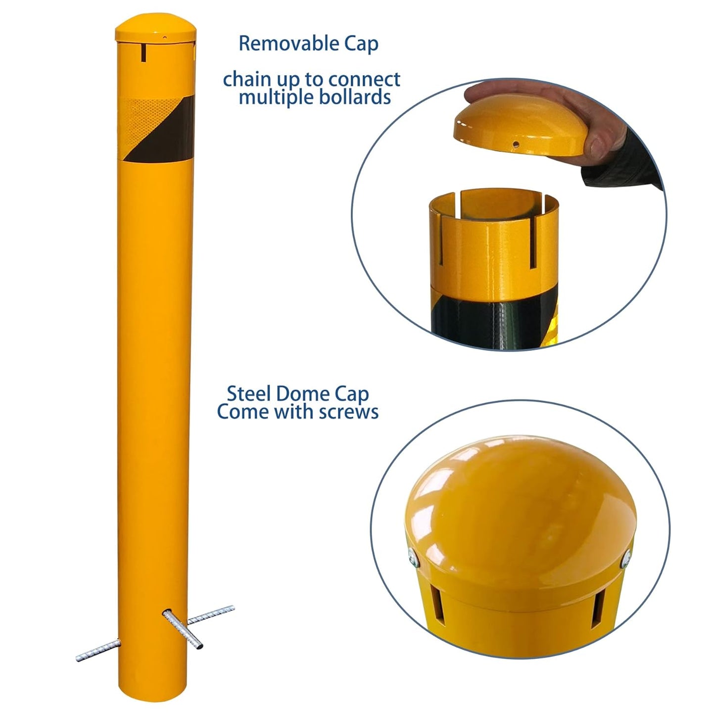 58" High 4-1/2" OD Steel Bollard Post Underground Mount, Cap Removable Safety Bollard Yellow Powder Coat, Metal Bollard Parking, Safety Barrier