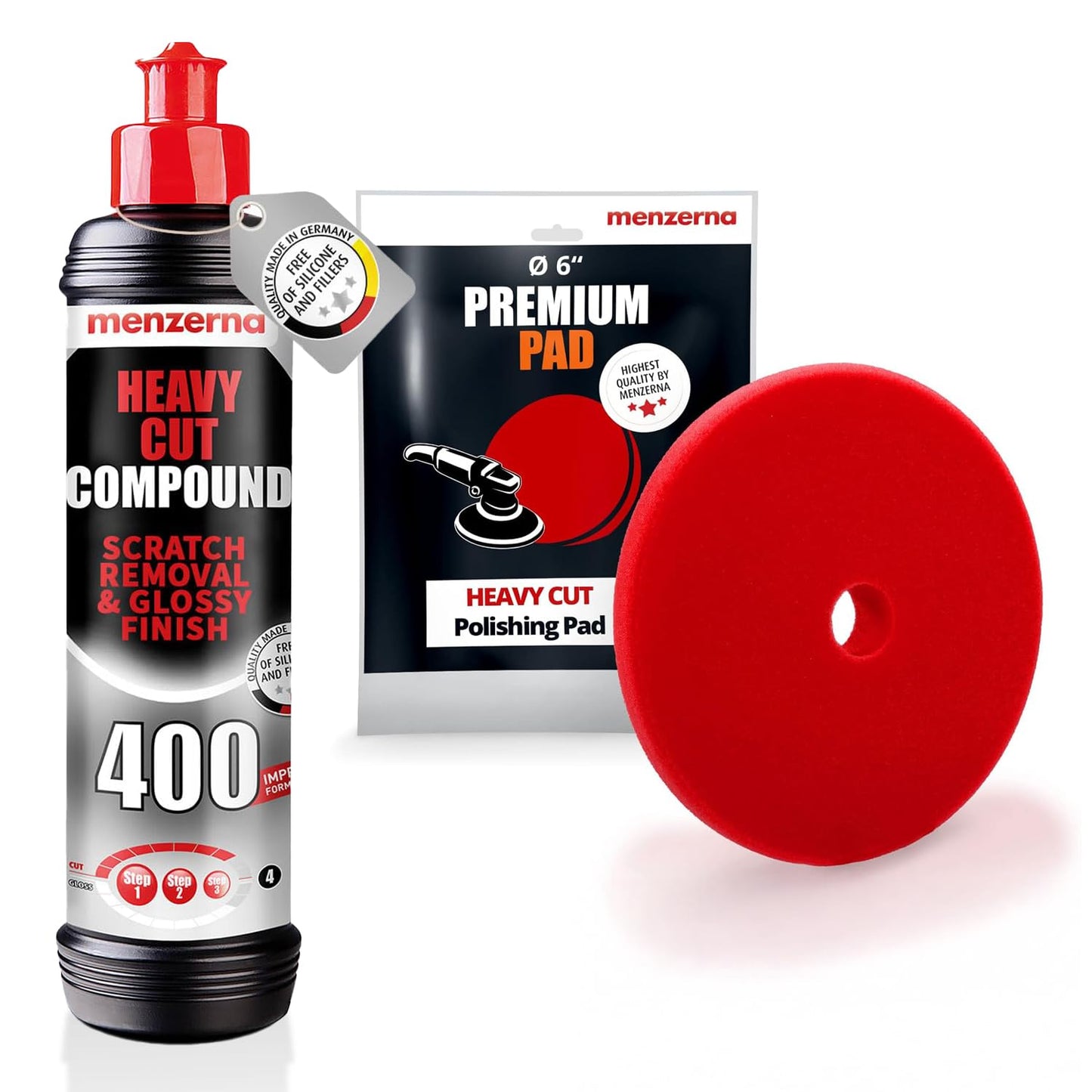 menzerna Deep Scratch and Swirl Remover Kit I Car polishing Set with Menzerna Heavy Cut 400 (16oz) and 6 Inch Polishing Pad I Deep Scratch Remover and high Gloss Kit for All Types of Vehicles