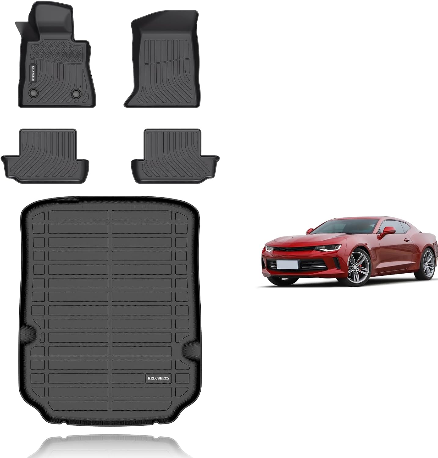 KELCSEECS® Floor Mats & Cargo Liner Custom for 2016-2024 Chevrolet/Chevy Camaro(Only for Coupe) All Weather Protection TPE Floor Liners Front& Rear Row Full Set Camaro Accessories Black