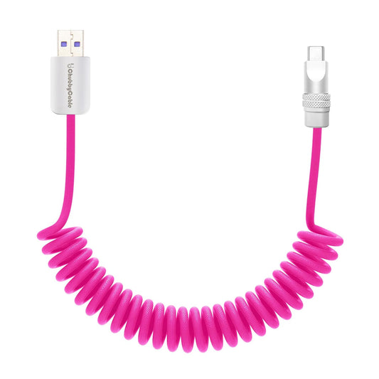 chubbycable Curly Chubby - Retractable Fast Charging Cable 240W Coiled Charger Cord for Car Durable USB-C Cable for Phones, Tablets and More, Pink, USB-A to Type-C, 1.3FT-2.3FT