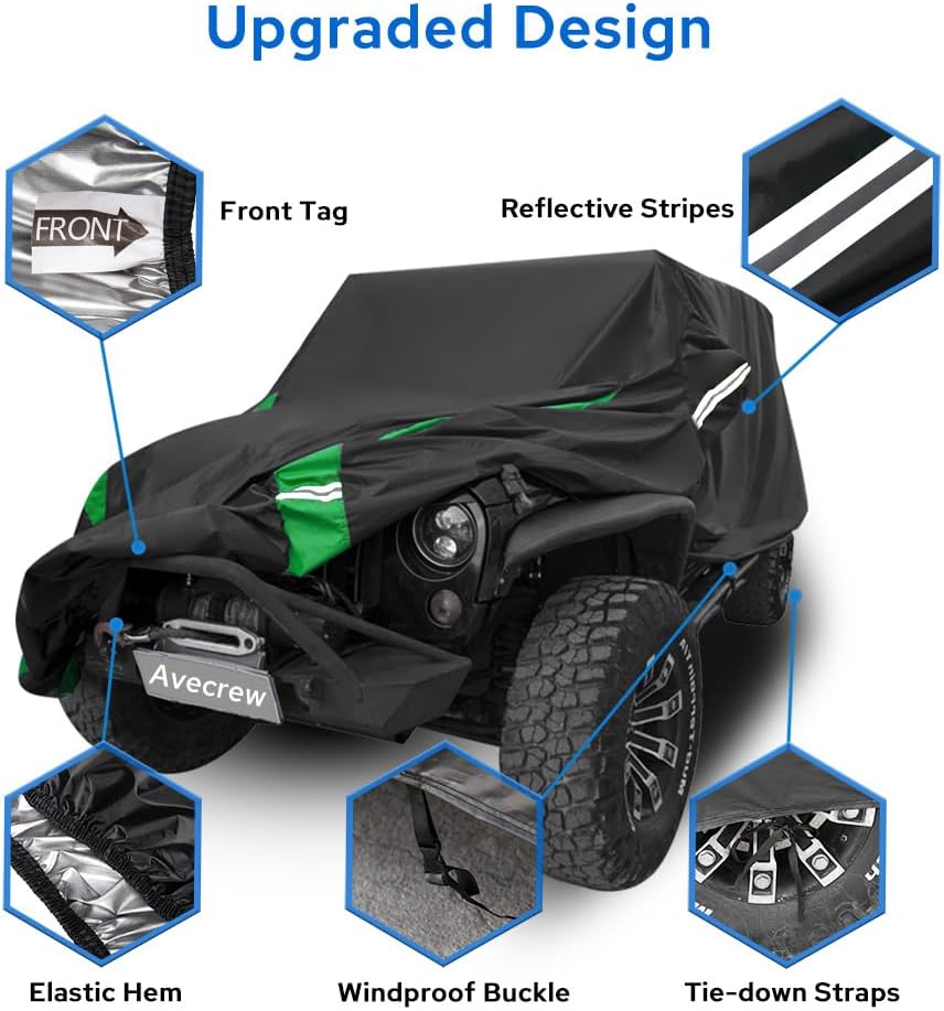 Avecrew for Jeep Wrangler Cover Waterproof 4 Door, All Weather for Jeep Rain Cover for Automobiles, Outdoor Full Exterior for Jeep Covers Fits JK JL TJ YJ CJ （Green）