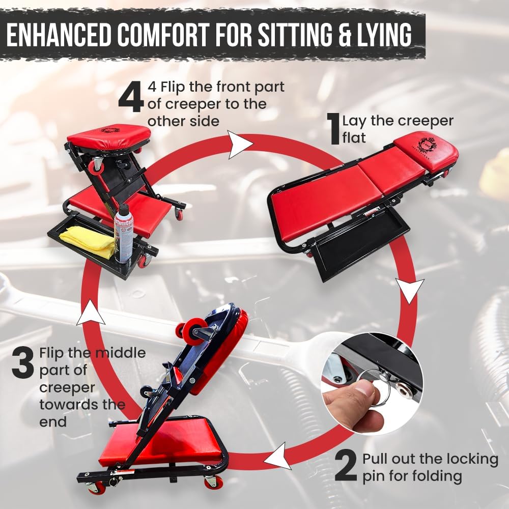 40" Mechanics Creeper Z fold with Side Tool Tray, 3 in 1 Low Profile,7pc-2.5" (360°) Swivel castors, Heavy Duty 450lb Laying Capacity 300lbs Seated, Home and Garage,