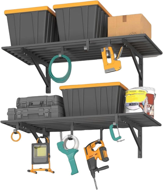 2 Pack Heavy Duty Garage Wall Shelves, 2x4ft Wall Mount Storage Shelf with Hooks, Shelf Warehouse Organization System, Rack Shelving, Holds 200 Lbs Each for Shop, Garage Storage