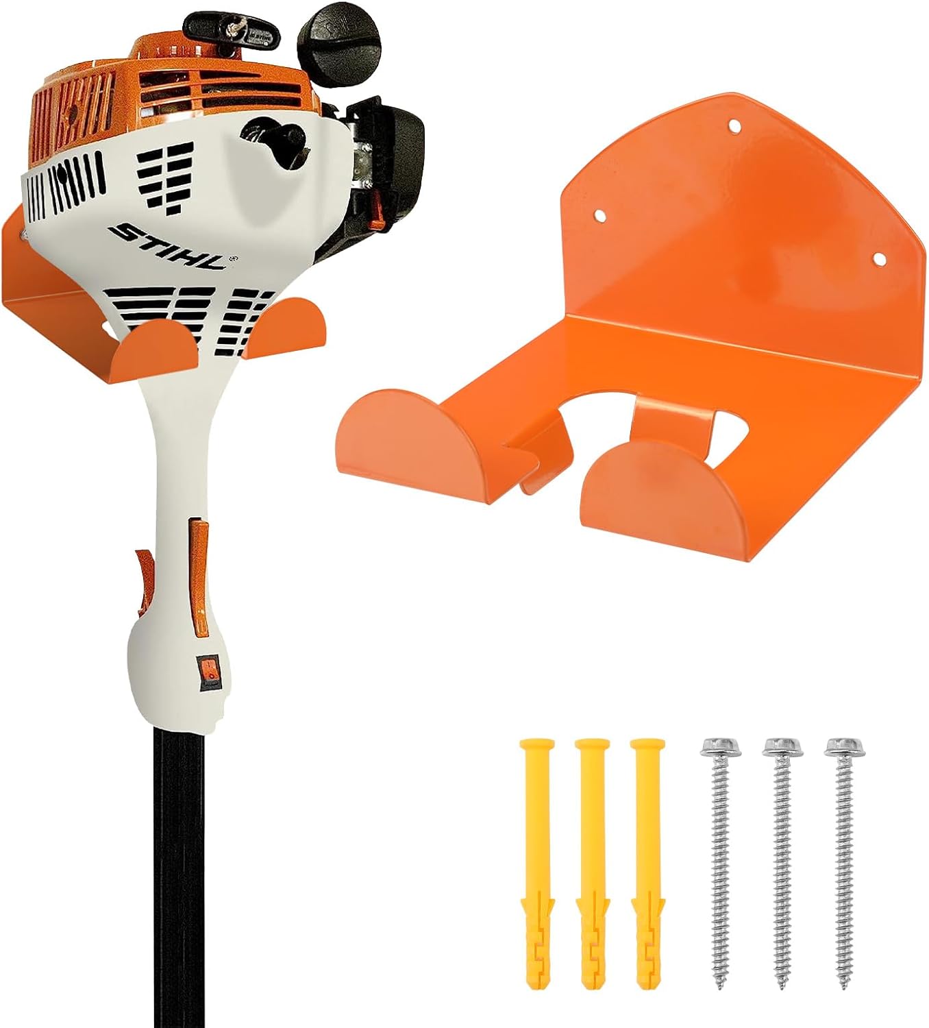 Weedeater Rack, 1 Pack Weed Eater Hanger, Weed Eater Rack for Wall, Heavy Duty Garden Tool Garage Organizer Trimmer Holder, Chainsaw Hanger Wall Mount(Orange)