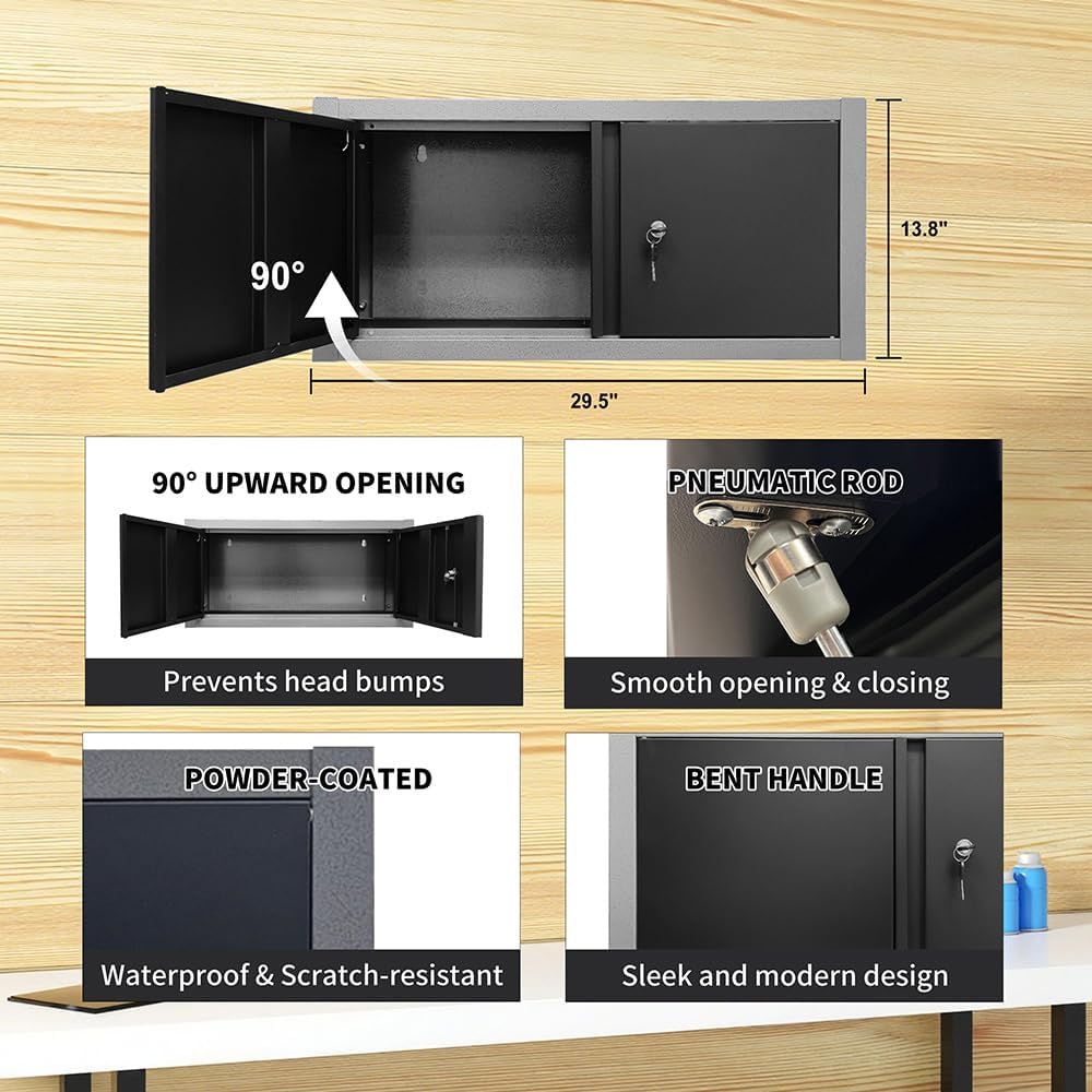 JZD Garage Storage Cabinet System, Lockable Tool Workbench Set for Workshop, Rolling Chest Included, Wall Mounting Not Necessary