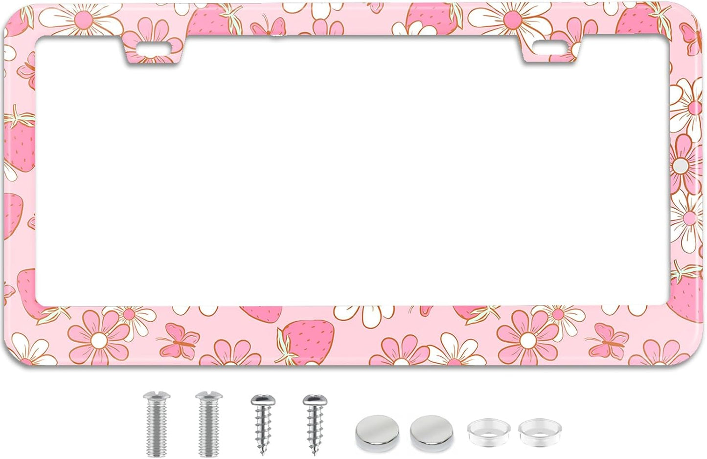Flowers License Plate Frame Car Universal Stainless Steel Accessories with 2 Holes and Screws Fit for US Vehicles Size 12 x 6 Inches (Pink Butterfly Strawberry Floral, 2)