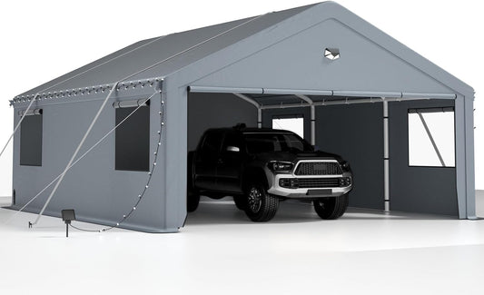 2 Car Carports 20X20 Heavy Duty，Car Ports with 180G Removable Side Walls, Carport Canopy, Portable Car Port Garage, Car Shelter All Weather,Grey