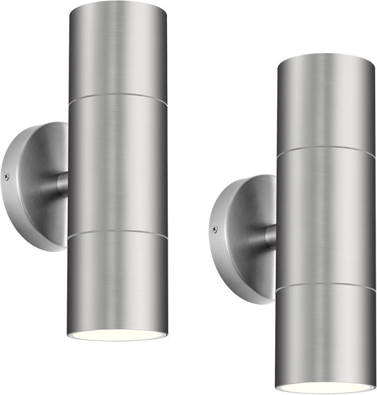 Ken & Ricky 2 Pack Stainless Steel Outdoor Wall Lights, Up Down Exterior Lighting Fixtures, Cylinder Outdoor Sconce Lights, Brushed Nickel Patio Wall Light Fixture, KR3305-SS-2PK