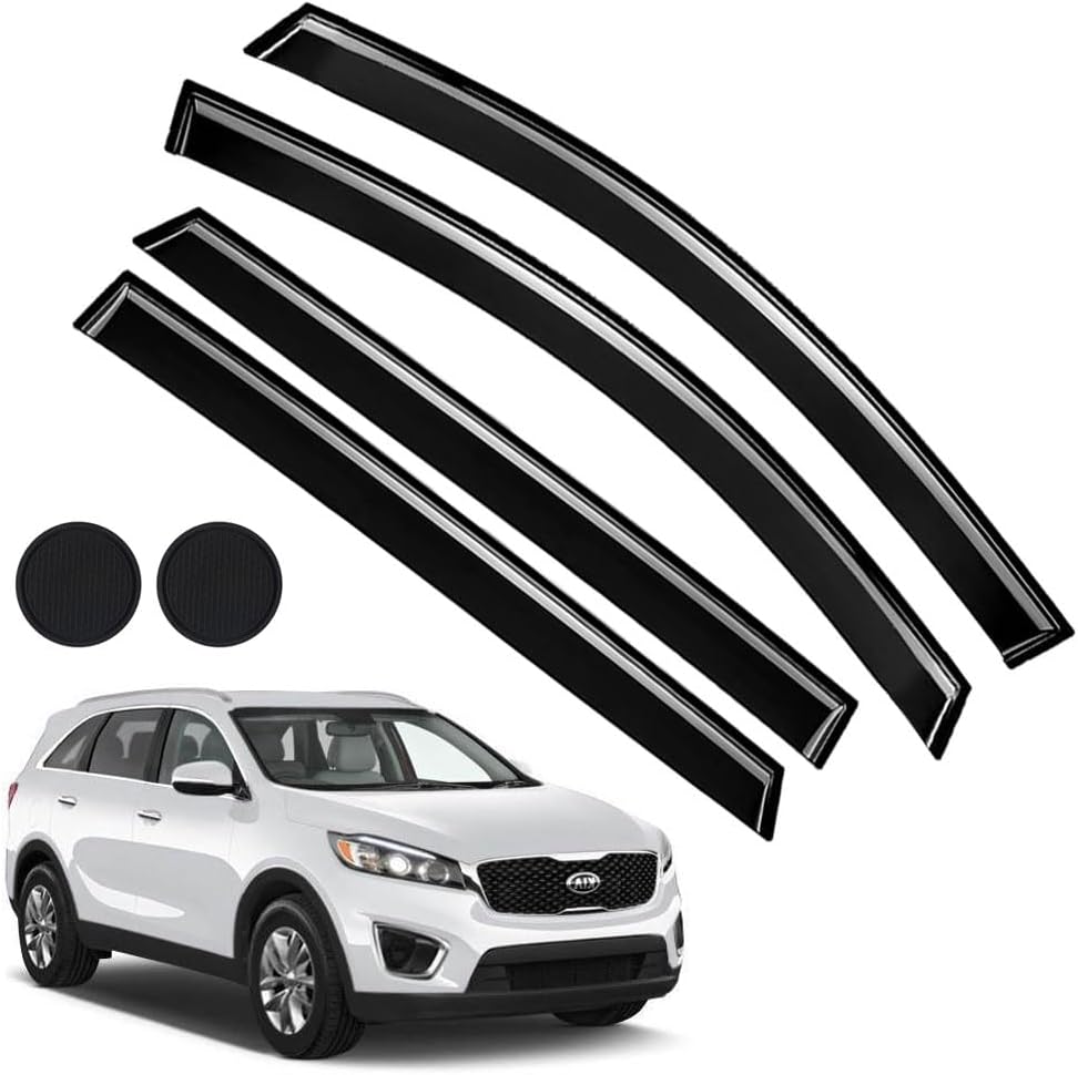 Rain Guards for Kia Sorento 2016-2020, Tape-on Side Window Deflectors for Kia Sorento, Window Visors for Kia Cars, Car Accessories 4 Rain Guards ＆ 2 Car Coasters