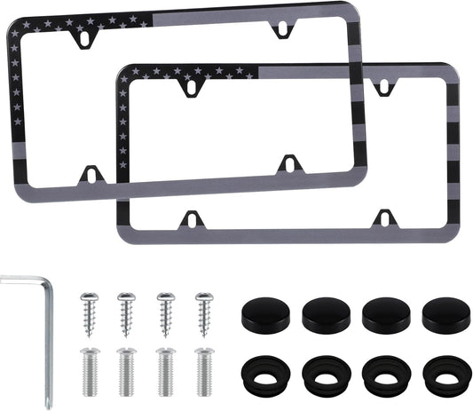 LivTee American Flag License Plate Frames, 4 Holes Stainless Steel License Plate Covers, 2PCS Car License Plate Holder, Automotive Exterior Accessories, Black-Gray