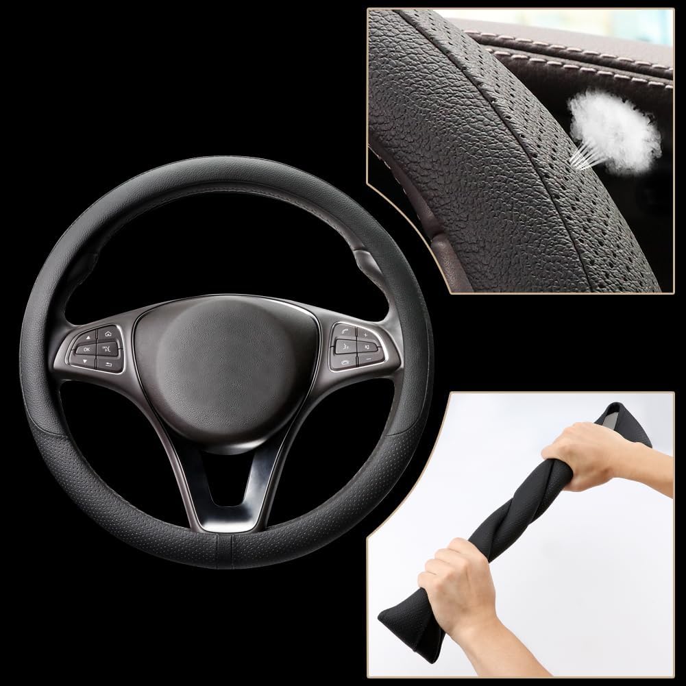 COFIT Breathable Car Steering Wheel Cover 15 inch Auto Universal Leather Wrap Non-Slip Steeringwheel Protector Automotive Interior Accessories, Black (Suit for 14.5-15 inch)