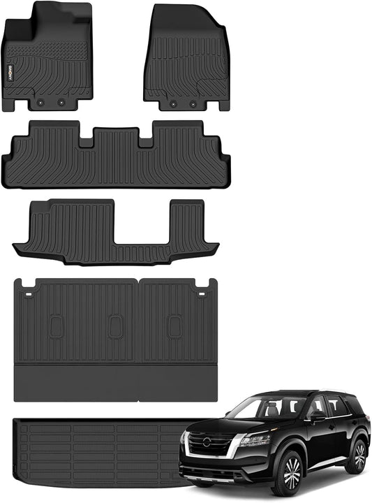 GINOWY-Floor Mats & Cargo Liner for Nissan Pathfinder 2022-2025(8 Passenger), TPE All Weather Car Floor Mats Pathfinder Floor Liners Accessories Black