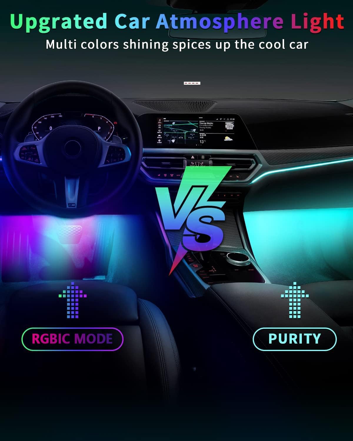 72LED USB Interior Strip Lights Dream Color RGB-IC 12V DC with App RF Remote Control Multicolor Footwell Under Dash Chasing Inside Light Kits Music Sync Mode for Cars Truck ATV UTV with Car Charger