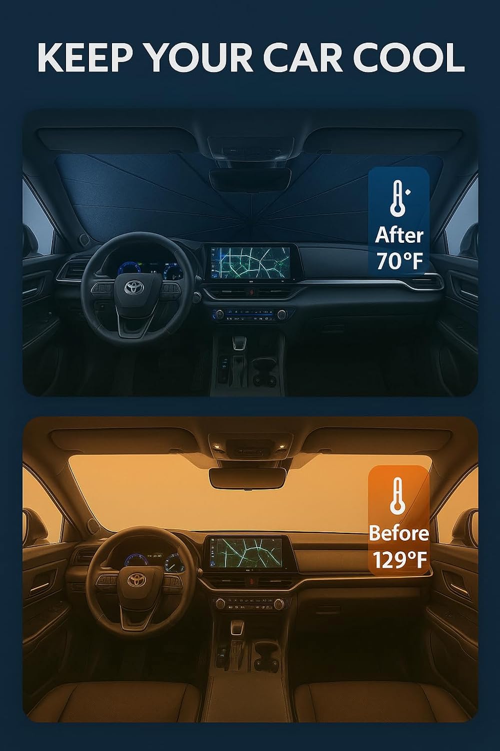 Proadsy Windshield Sun Shade Umbrella for Toyota Crown 2023-2025 2026 Foldable Car Umbrella Sunshade with Soft TPU Handle Spring Structure Crystal Cooling Material Protect Car from Rays & Heat