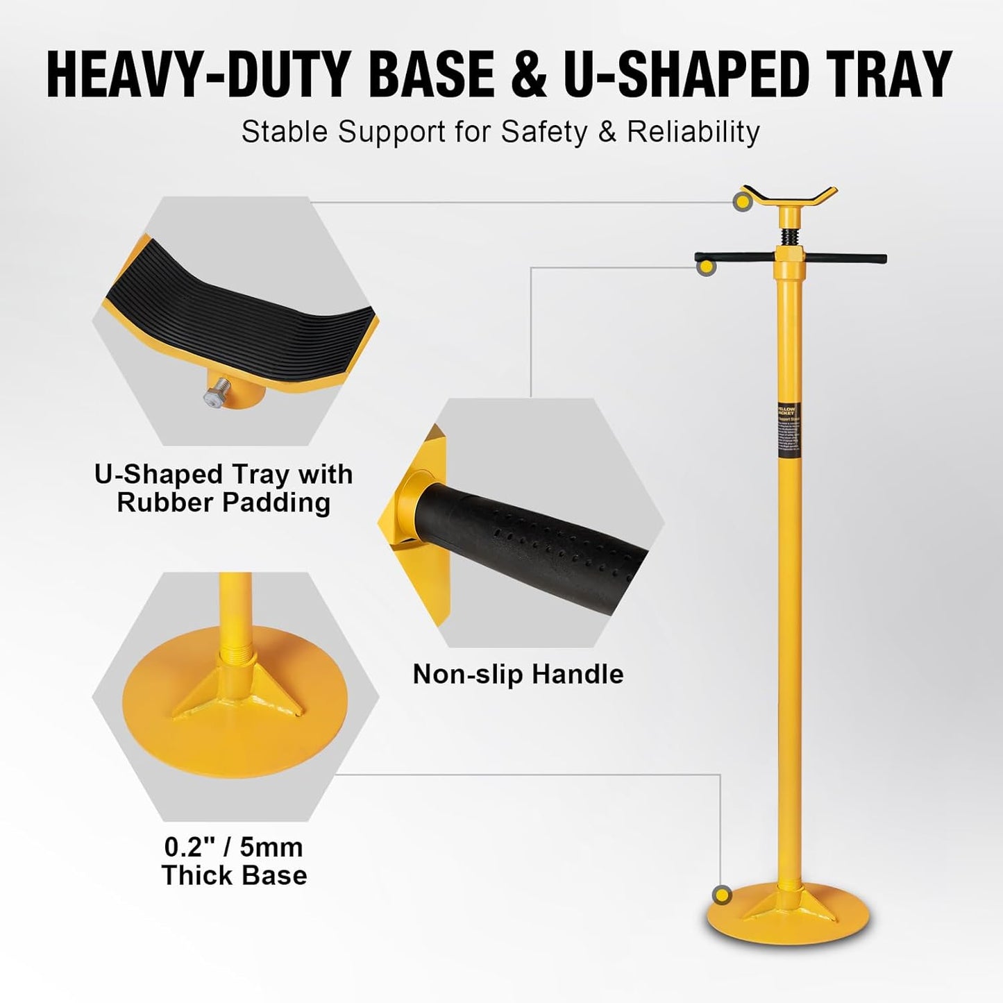 YELLOW JACKET Underhoist Support Stand 3/4 Ton Capacity Lifting from 52.8" to 76", 12 Inch Diameter Base, Bearing Mounted Spin Handle, Contoured Saddle Supports Vehicle Components, Self-Locking Screw
