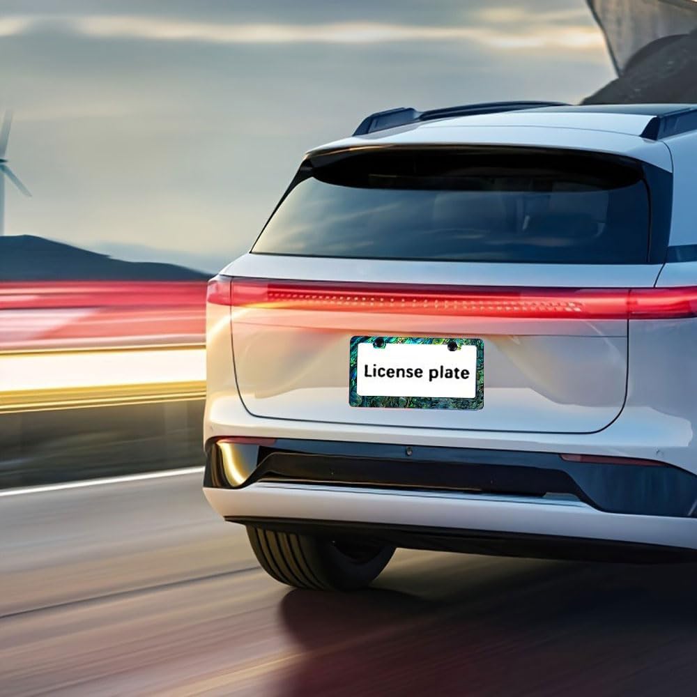 Universal License Plate Frame - Heavy Duty Rustproof Aluminum Matte Black Car Tag Holder Bracket Fits All US States, Easy Install with Screws Included (Faux Abalone-2pc)