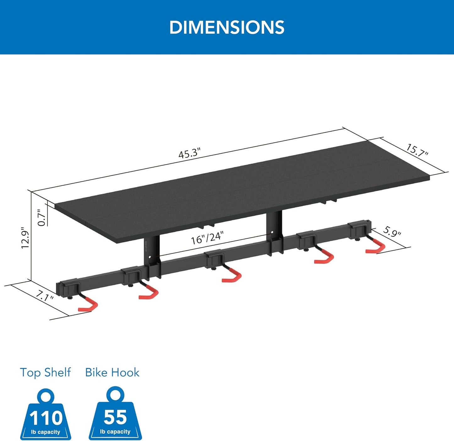 Mount-It! WheelsUp Bike Storage Rack with Shelf | Wall Mounted Garage Organizer Holds 5 Bikes | Adjustable Padded Hooks, Max Capacity 385 lbs | Space-Saving Solution