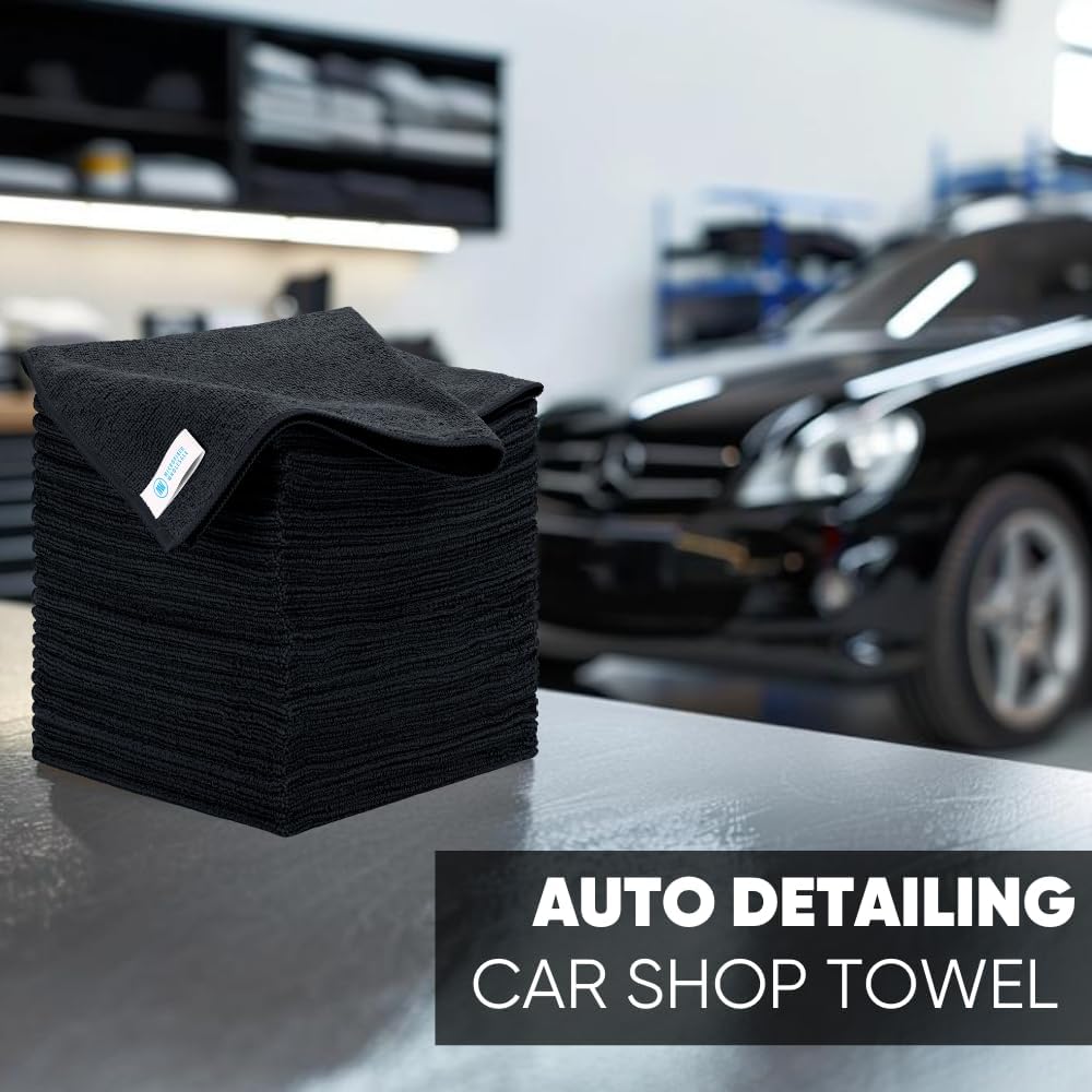 16" x 16" All Purpose Microfiber Towels - 50 Pack - Reusable Wash Cloths, Dust, Kitchen, Car, Shop Rags for Cleaning (Black)