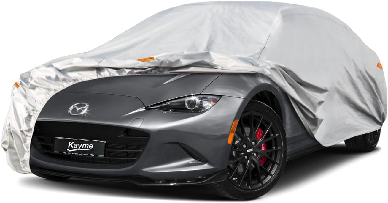 Kayme 6 Layers Car Cover Custom Fit for Mazda Miata MX-5 MX5 (1990-2025) Waterproof All Weather for Automobiles, Outdoor Full Cover Rain Sun UV Protection.Sliver