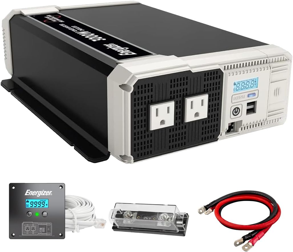 Energizer 3000W Pure Sine Wave Inverter 12V DC to 120V AC Converter for RV, Truck, Off-Grid Solar Power Inverter 12V to 110V W/QC 3.0A Each USB Port, AC Hardwire Port, Remote Cables Fuse Included
