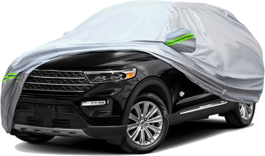 TUCAREST 6-Layers Premium Full Car Cover Hard Shell Zipper Design Waterproof All Weather Weatherproof UV Sun Protection Snow Dust Storm Resistant Outdoor with Straps (Fit for SUV/MPV 201"- 211")