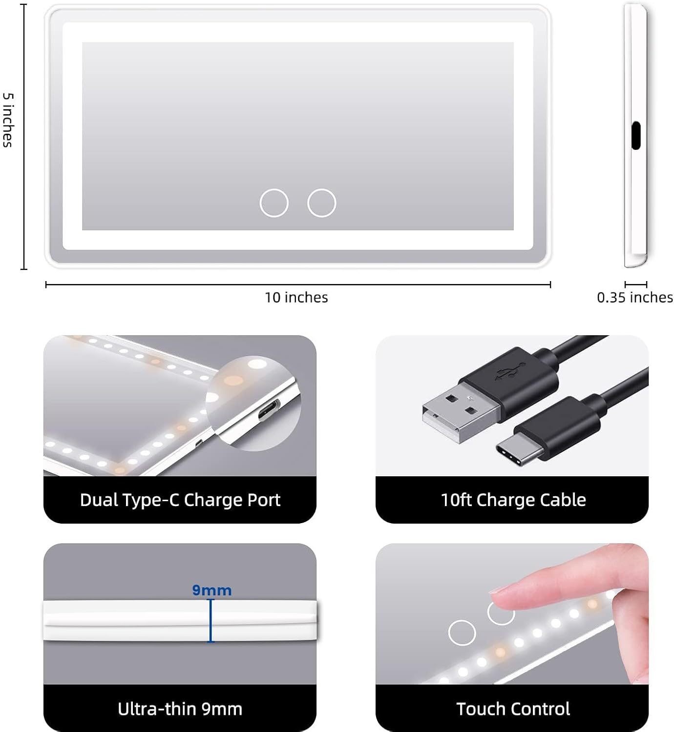 Car Sun Visor Vanity Mirror, with 3 Light Modes & 60 LEDs - Rechargeable Dimmable Clip-on Rear View Sun-Shading Cosmetic Makeup Mirror, Universal for Car SUV(Pure White)