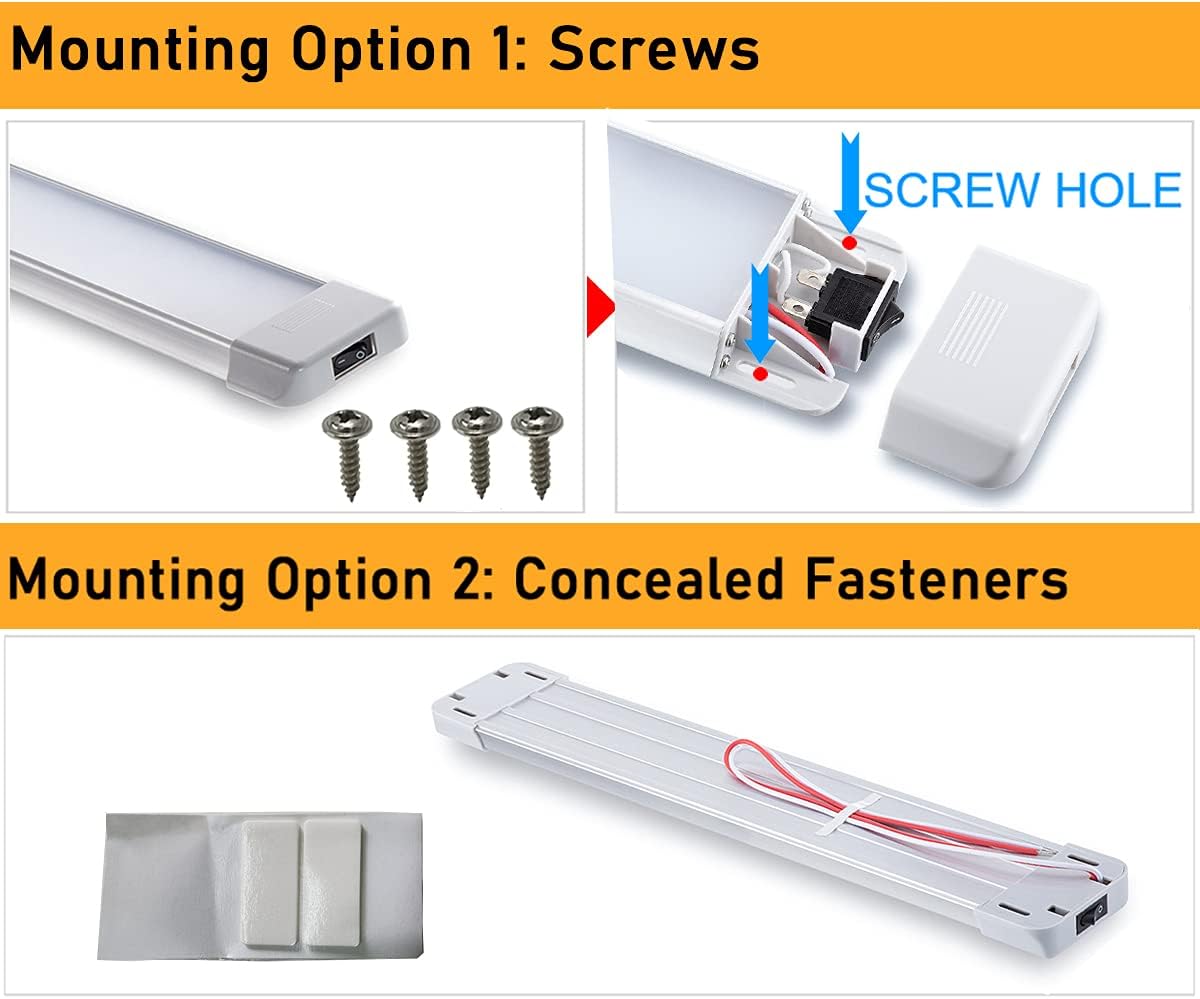 LED Interior Utility Light Fixture 18.5" x 2.6", High Lumen-Output Low Current Draw Energy Efficient, Frosted Lens 6000K Cool-White Even Diffused Beam, On/Off Rocker Switch 12V-24V DC, 1-Pack