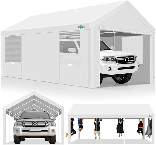 COBIZI Carport 10x20ft Heavy Duty Portable Garage, 2.0 Powder Coated Frame(Better Than Galvanized), Waterproof Shelter with Removable Sidewalls & Windows, Built-in Sandbags, for Car/Boat/SUV, White
