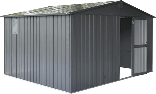 IKERY Large Galvanized Steel Storage Shed - 11' x 9' with Windows and Lockable Door, Outdoor Garden and Utility Tool Shed for Backyard and Patio, Dark Gray