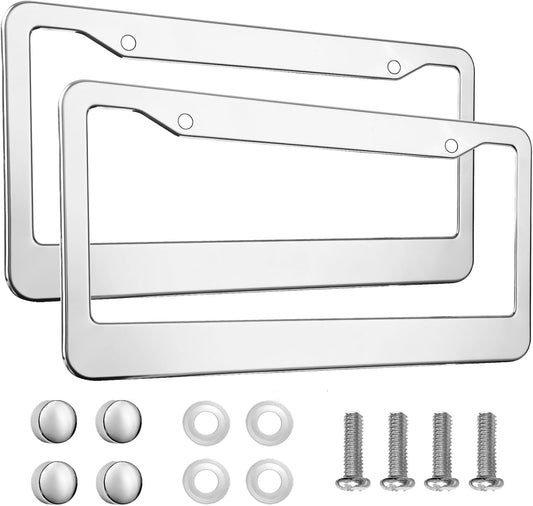 2PCS Chrome License Plate Frame, 2 Holes Silver Stainless Steel License Plate Frames, Universal Car License Plate Holder for Man, Licence Plate Frame and Screws, by Lengnoyp