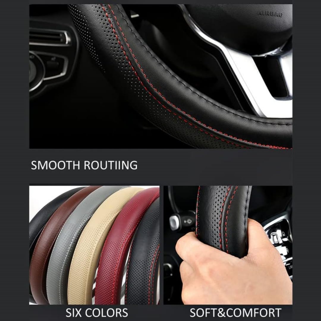 Cowhide Steering Wheel Cover Heat Resistant Anti-Slip Car Wheel Wrap Compatible with Most Makes and Models of Cars and Trucks with 14.5 to 15 Inch Steering Wheel(Black)