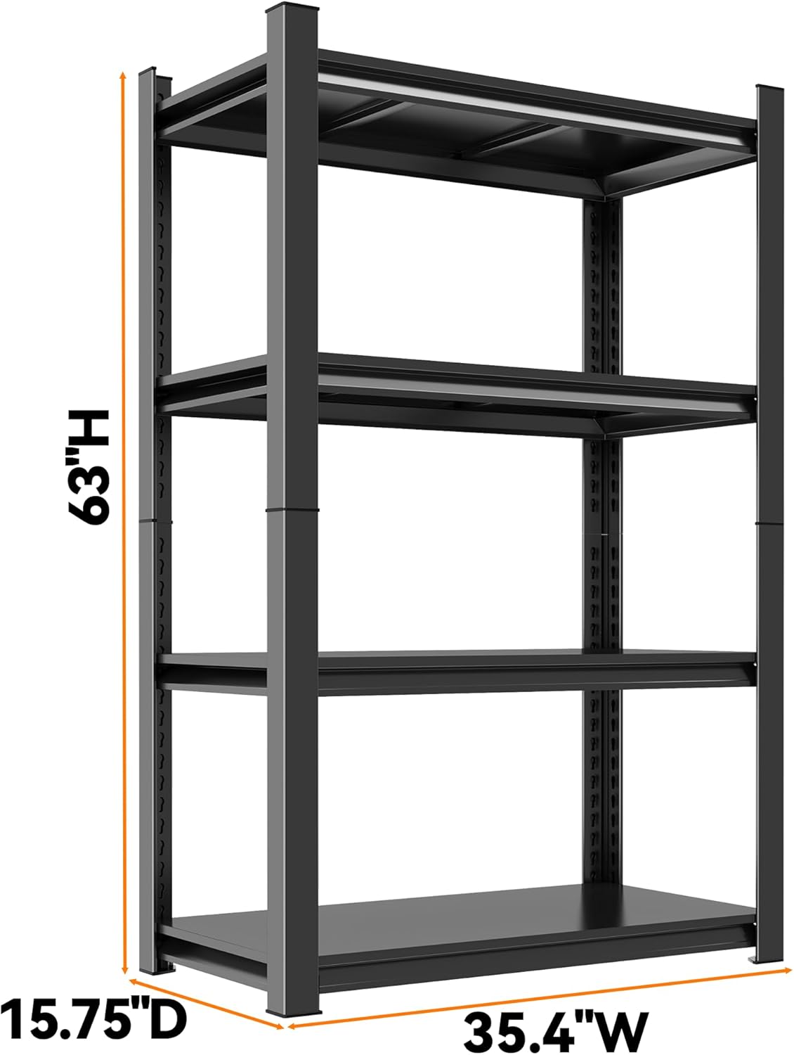63"H Garage Shelving Heavy Duty Rack, 2400 LBS Extra Large Capacity 4 Tier Adjustable Storage Shelves, Metal Industrial Shelf Units for Garage, Basement and Warehouse, 63"H×35.4"W×15.75"D, Black