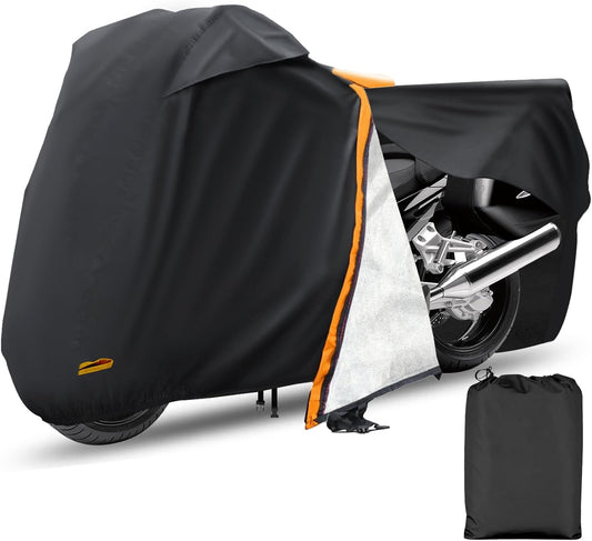 Motorcycle Cover,Waterproof Zipper Outdoor Cover for All Seasons Windproof, High Heat Resistance Dustproof and Rainproof Snowproof(Orange Zipper XXL Fits Up to 108 inch)