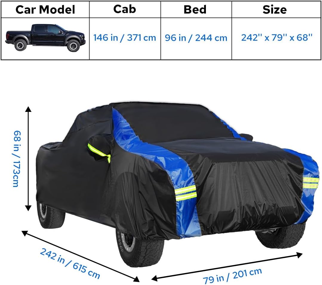Avecrew Truck Cover Waterproof, All Weather for Truck Cover for Automobiles, Pickup Truck Cover Rain Snow UV Dust Protection(230""-242""), Black-Blue, RZ-21-PXL